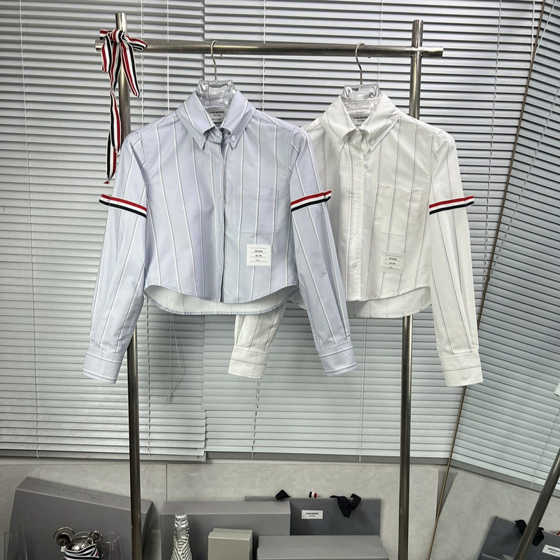 High-Quality New Style Red, White, and Blue Striped Long-Sleeve Short Shirt with Pointed Collar for Women
