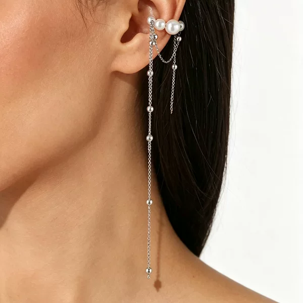 E15450 Cross-border minimalist long chain tassel ear cuff, ins-style faux pearl beaded C-shaped non-pierced ear clip