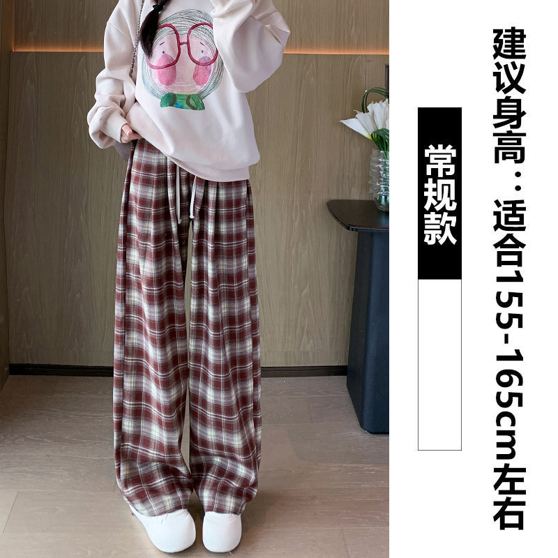 Pantalones de pierna ancha con cordón de cintura alta a cuadros retro mujeres 2024 otoño e invierno más pantalones casuales rectos de moda sueltos y delgados de terciopelo image 9