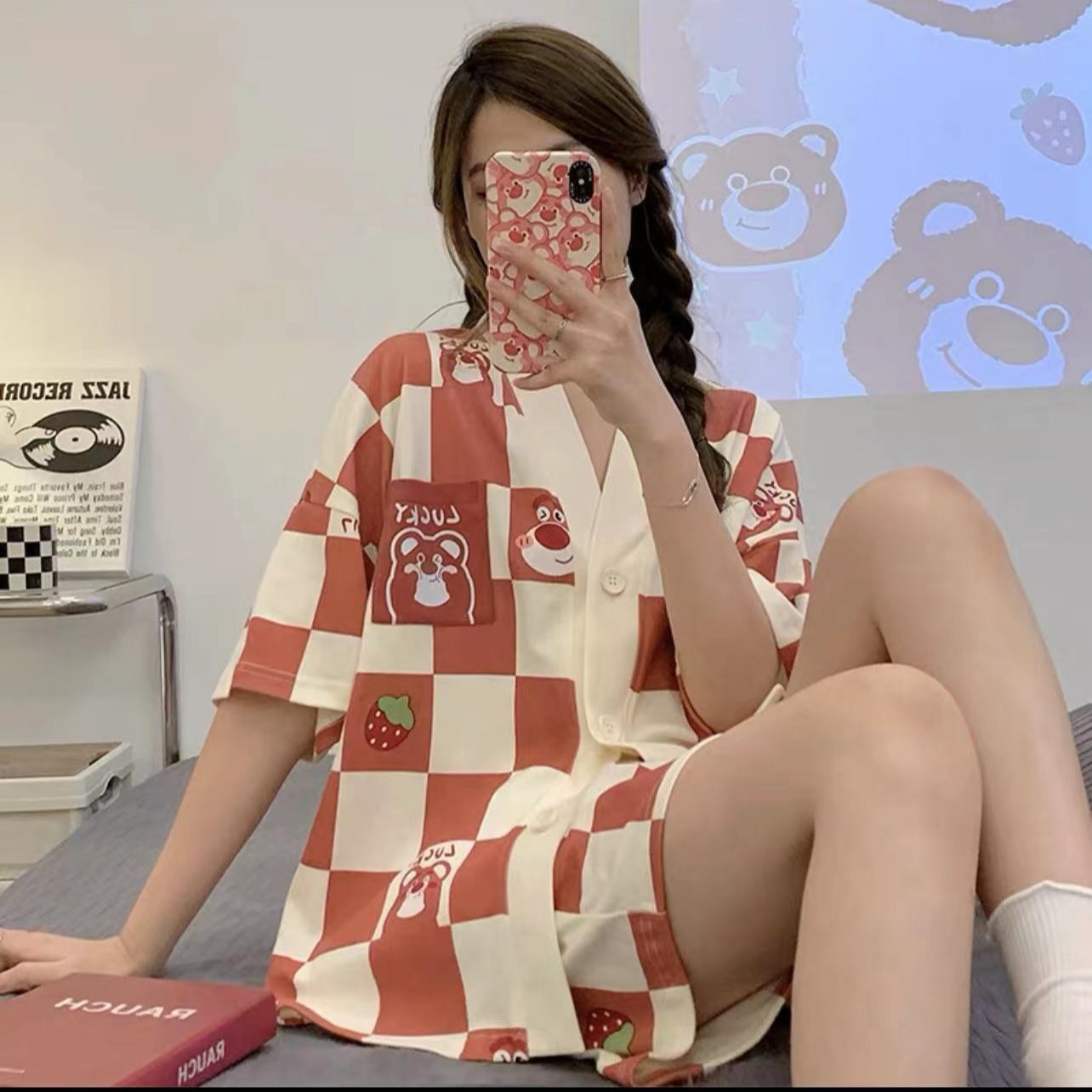 여성용 여름 잠옷, 대형 카디건, 만화 2025 신상 인터넷 연예인 반팔 반바지 홈웨어 세트, 딸기곰