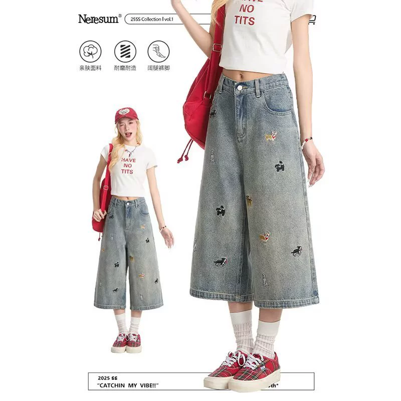 Очень большие размеры, американские ретро ностальгические синие джинсы с вышивкой для полных женщин мм, американские узкие джинсовые укороченные брюки с высокой талией