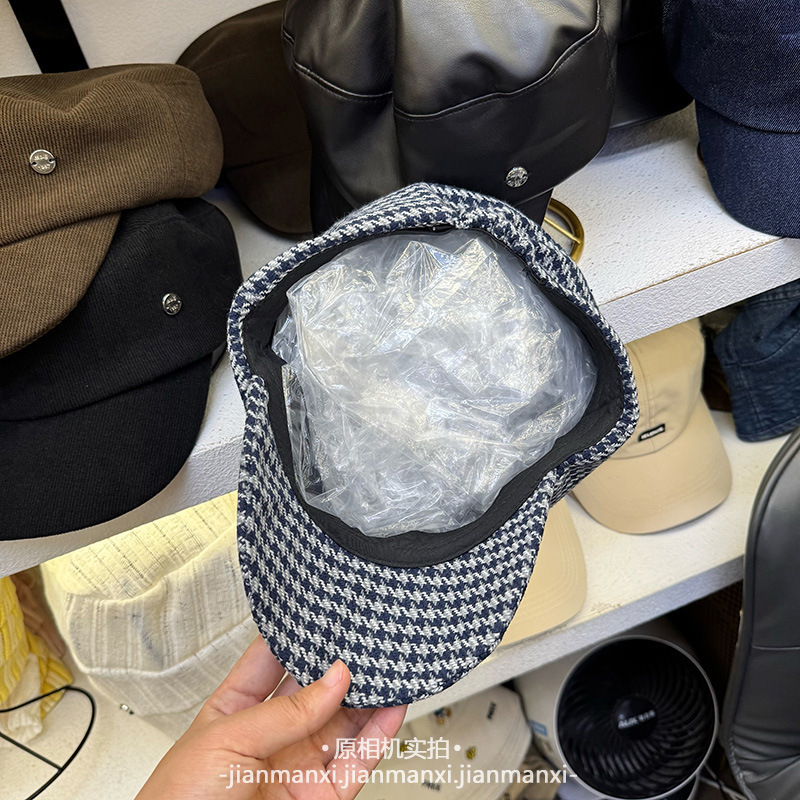 原创设计经典格纹毛呢鸭舌帽秋冬新款小香风洋气休闲显脸小马术帽|undefined