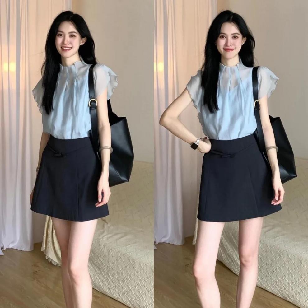Áo voan nữ tay bay xếp diềm cổ điển Pháp — Váy ngắn nơ đen chi tiết 12
