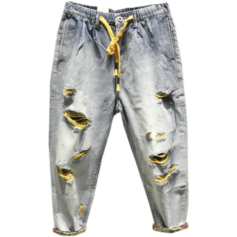 Jeans da uomo cropped, vestibilità ampia, color block, stile effetto usurato, jeans estivi_voghion.com