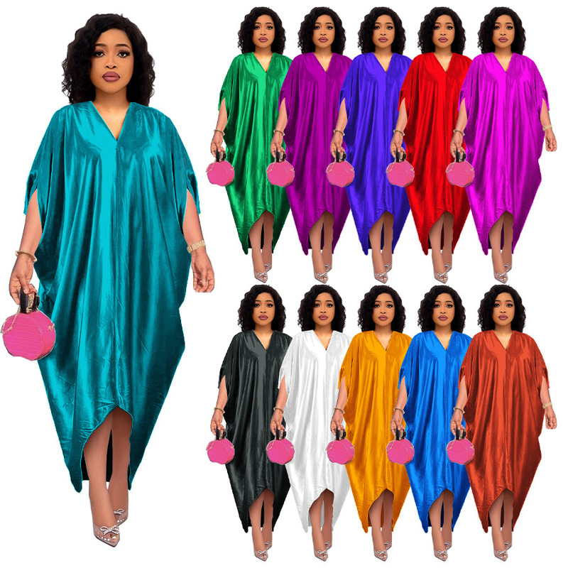 2025 Glossy Silky Satin Loose V-Neck Batwing Sleeve Mid-Sleeve Comfortable and Stylish Long Dress Cross-Border Supply