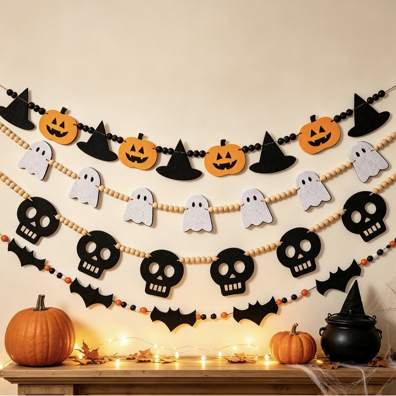 Cross-Border Halloween Flag Party Pumpkin Decoration Scene Halloween Decoration Supplies Skull Bat Wooden Bead Flag