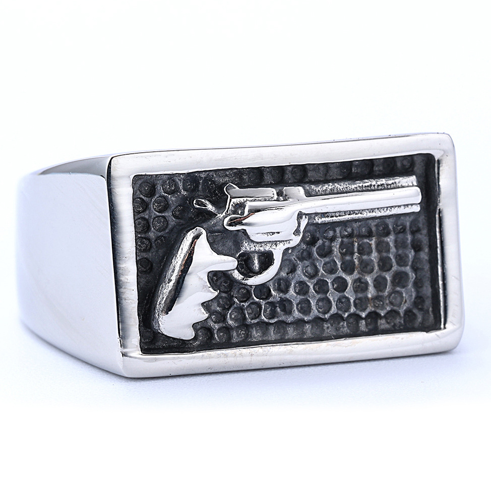 Jewelry Manufacturer Direct Sales to Europe and America, Stainless Steel Men's Pistol Ring, Motorcycle Style Fashion Ring