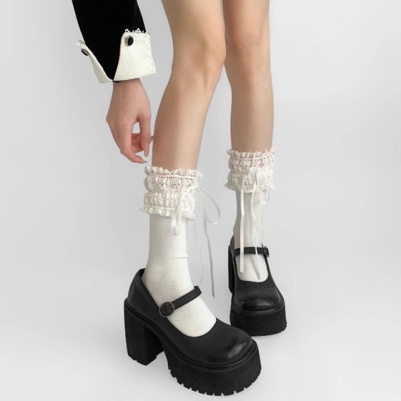 Lace Trim Japanese Style Sweet Stacked Bow Socks for Girls Mid-Calf Lolita Cute White Lace Trim Japanese Style Sweet Stacked Bow Socks for Girls Mid-Calf Lolita Cute White