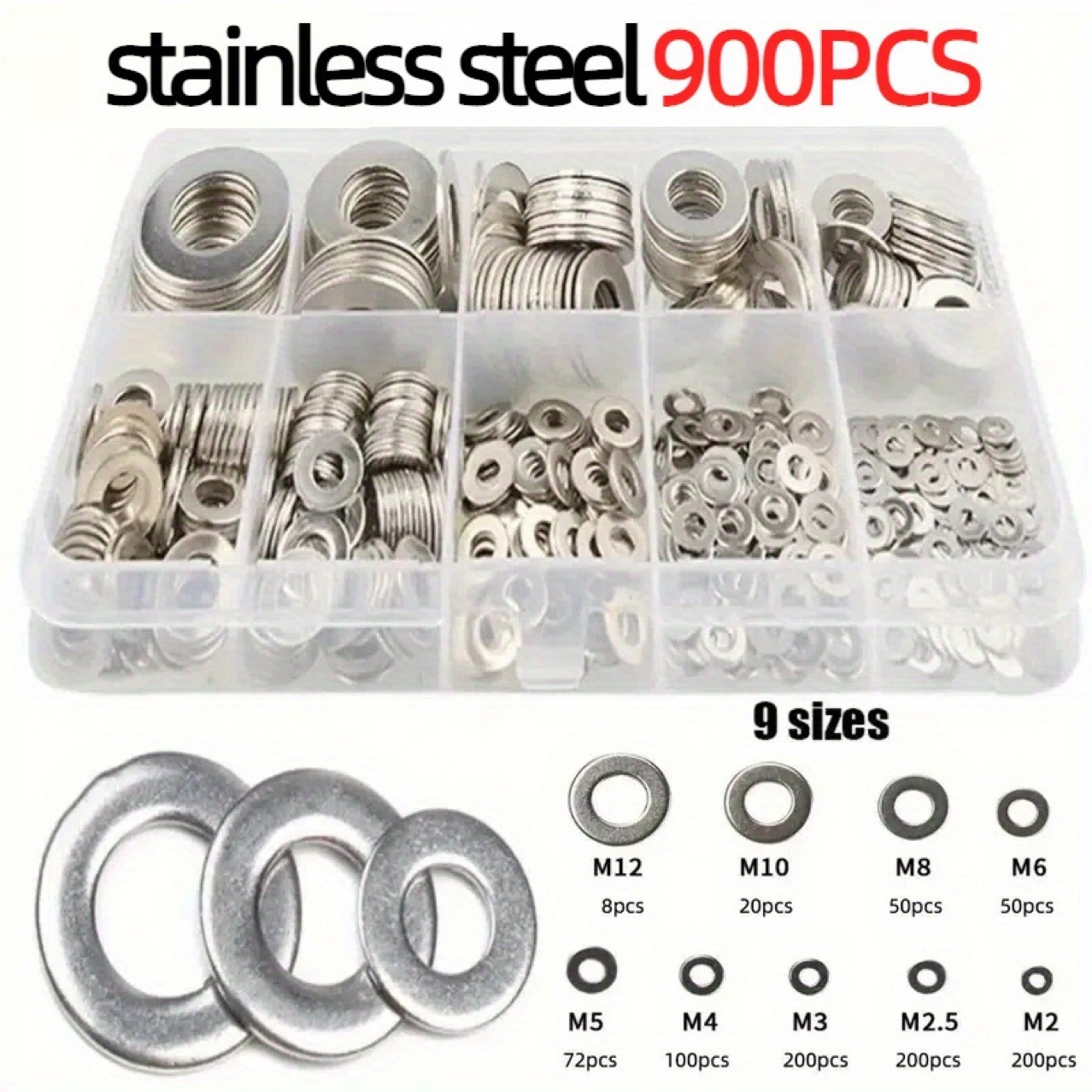 亚马逊货源 900pcs M2-M12碳钢镀锌平垫圈组合套装防滑紧固平垫片