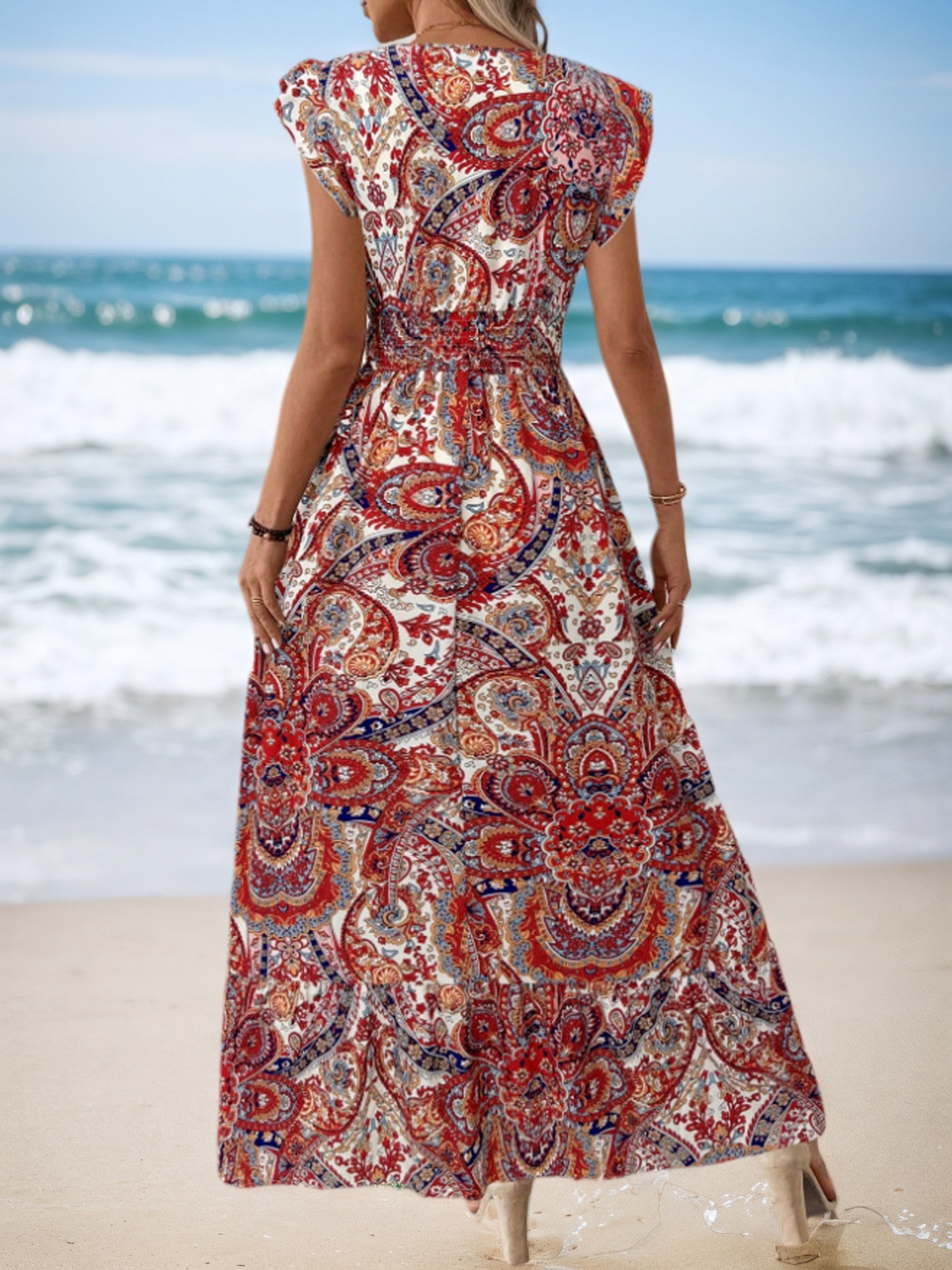 European And American Summer Bohemian Beach Vacation Style Printed Women's Cross-Border Waist-Cinching Long Dress_ecoleips.com
