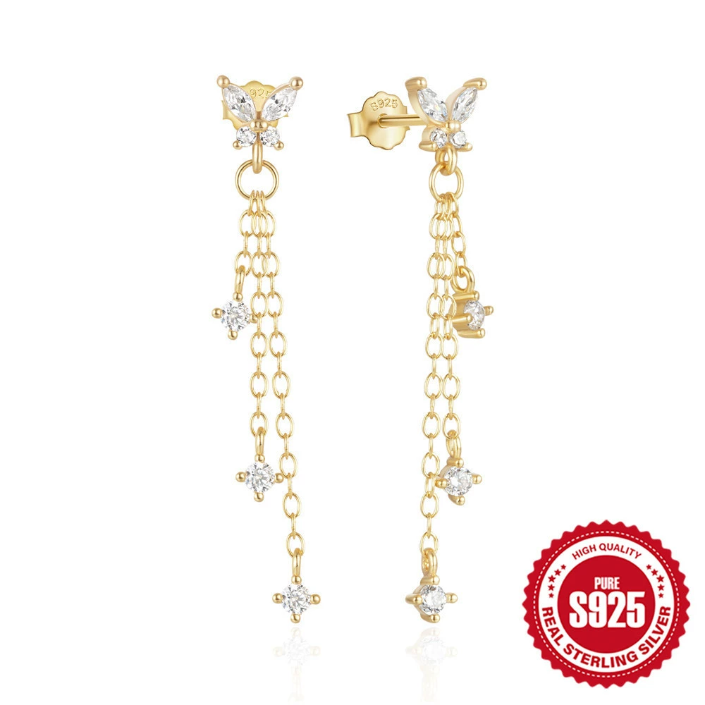 Chain with tassels, earrings, silver 925 sample, Korean style