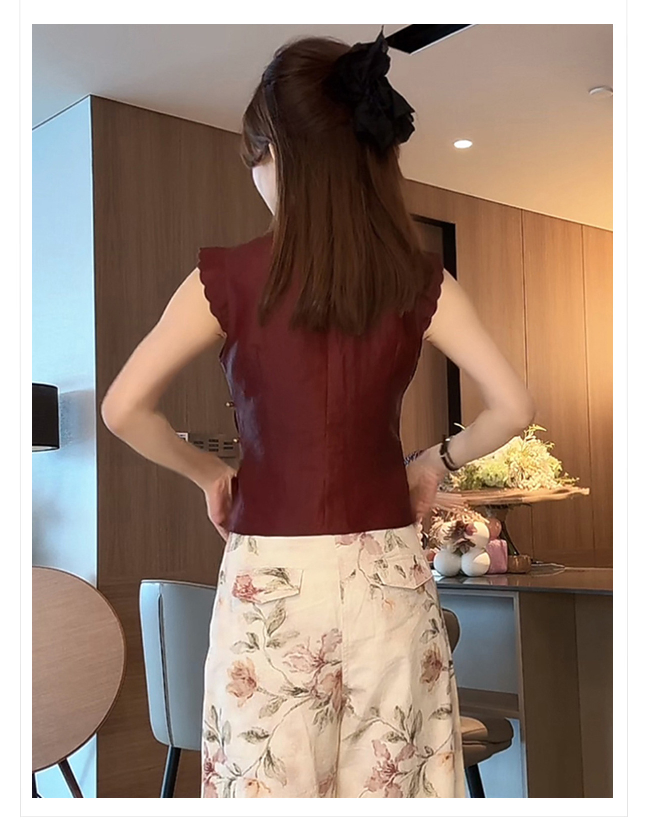 Áo vest không tay cổ đứng cài cúc lụa tơ tằm phong cách Trung Hoa mùa hè — Màu đỏ rượu chi tiết 3