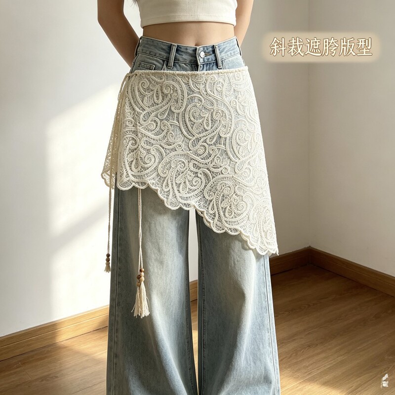 Retro niche layered skirt for women, 2026 spring/summer new style, lace hem, denim skirt covering the hips, trendy hemline