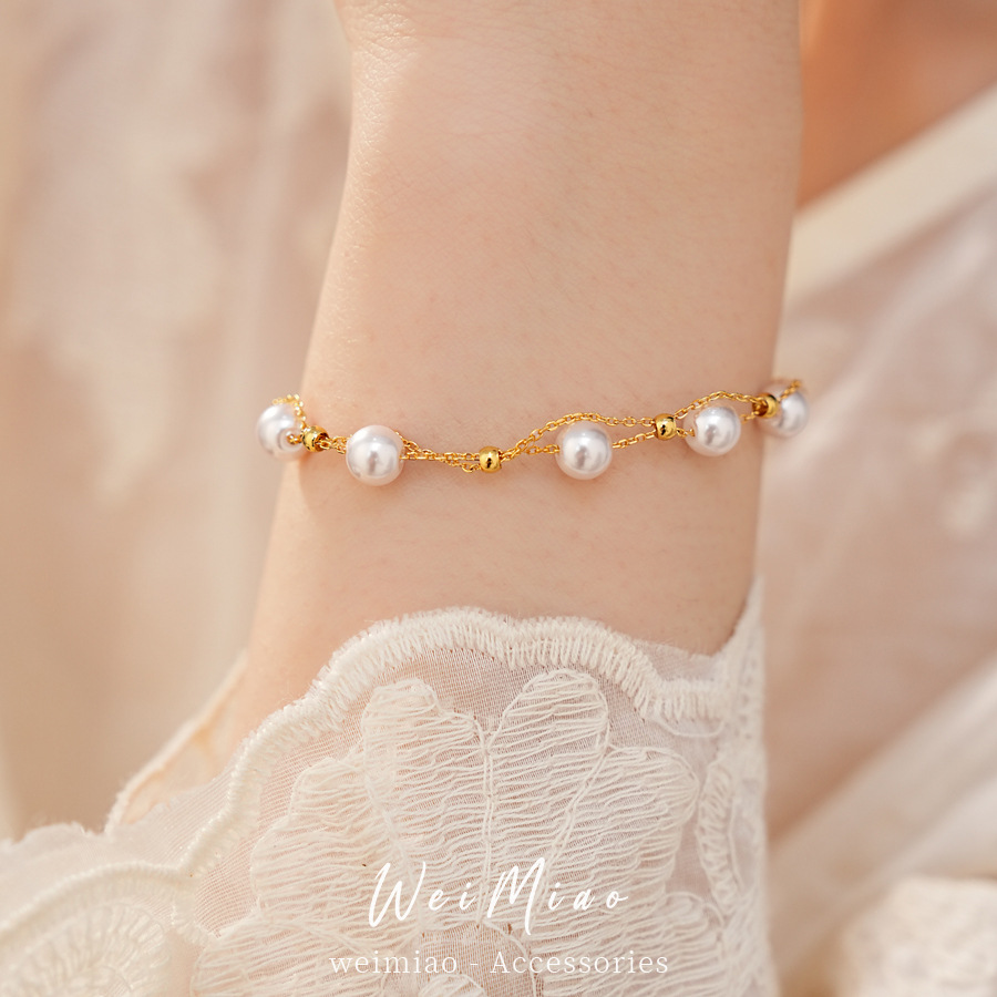 18k oro real chapado perlas de doble capa cruzada pulsera de extracción ligera pulsera de nicho de lujo personalidad joyas de mano mujer image 5
