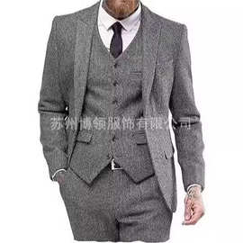 亚马逊男士西装三件套人字纹修身商务休闲宴会婚礼套装西装礼服