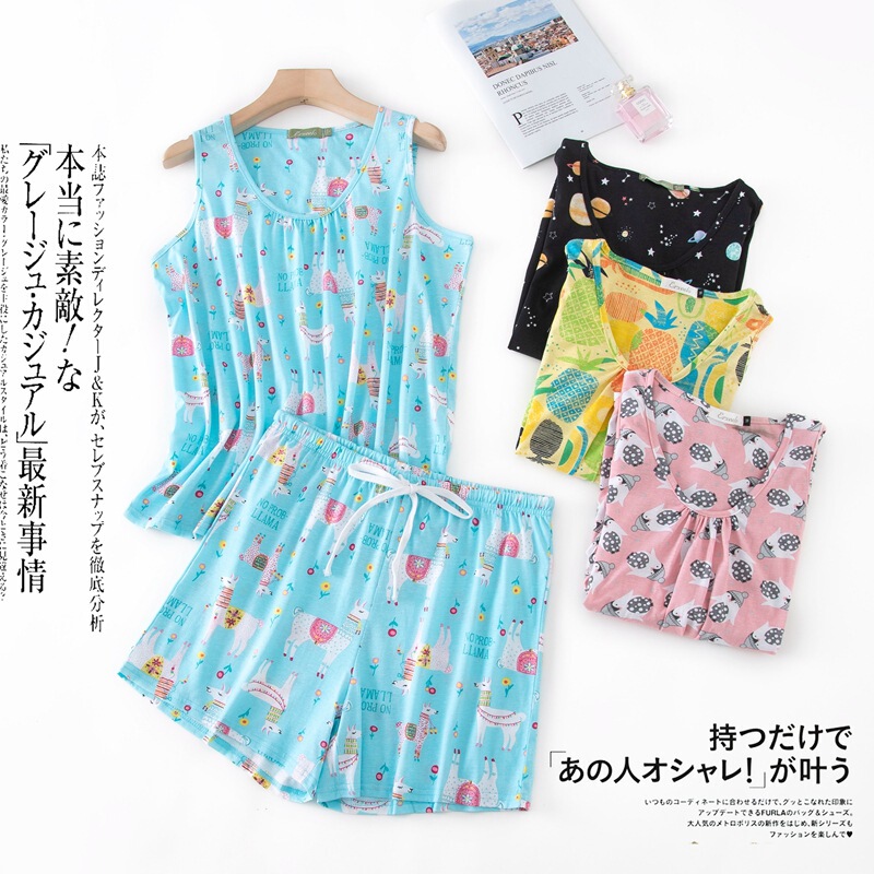 Pajamas women's summer vest set knitted cotton cartoon cute home wear suit plus size women's pajamas one-piece delivery Pajamas women's summer vest set knitted cotton cartoon cute home wear suit plus size women's pajamas one-piece delivery
