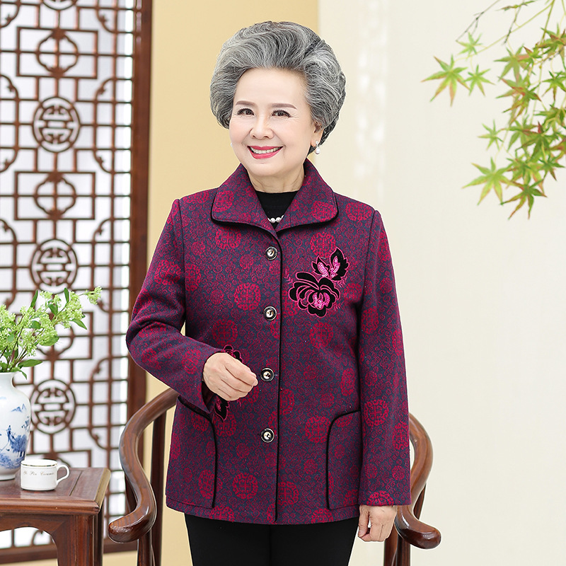 中高年の春秋女性のお母さんの刺繍のコートの60-70歳のおばあさんの冬の服は綿毛のコートのおばあさんの服をプラスします。|undefined