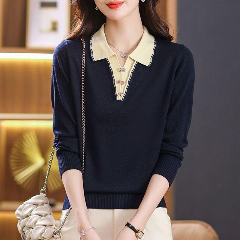 假两件polo领上衣女秋冬2025新款长袖针织小衫洋气打底衫翻领毛衣|undefined