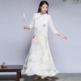 中国风秋季新式旗袍改良雪纺连衣裙茶服精品荷塘精细雪纺中式长裙