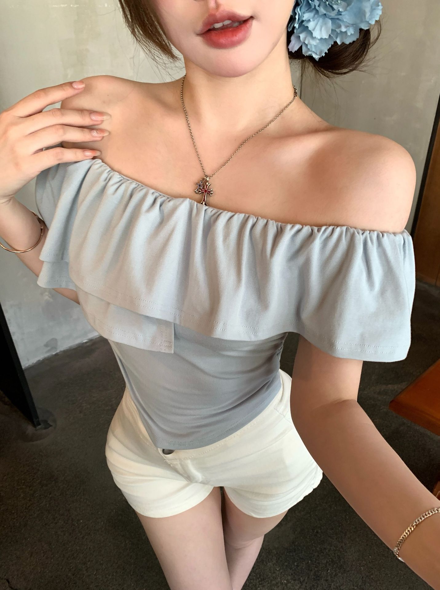 Seksualūs, vasariški moteriški marškinėliai su „Pure Desire“ rankovėmis, aptempti, klostyti, raukiniai, mėlyni, trumpi ir stilingi._voghion.com