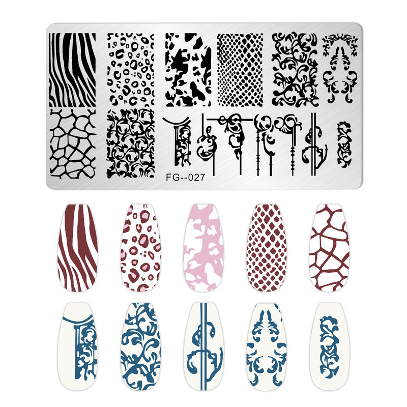 跨境美甲印花板格纹豹纹牛仔纹Nailplate不锈钢指甲复古模板转印|undefined