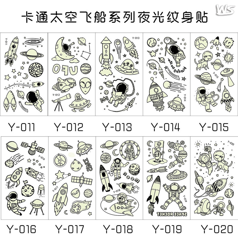 Children's Tattoo Stickers Spaceship Glow-In-The-Dark Cute Creative Temporary Tattoo Stickers Moon Astronaut Cartoon Stickers