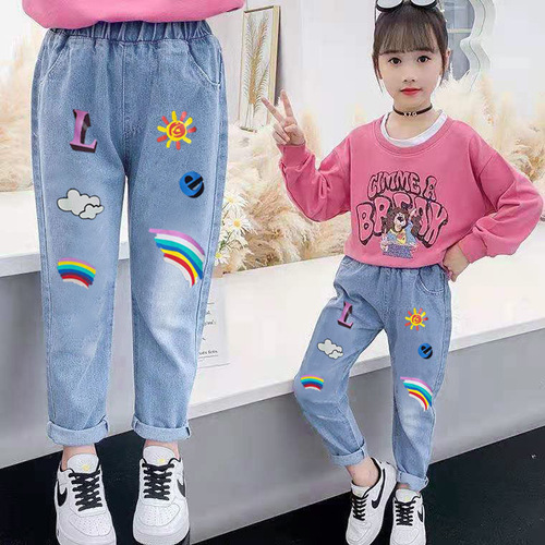 Children's Denim Pants 2024 Spring and Autumn New Style Girls Fashion Baby Pants for Big Kids Loose Casual Trousers