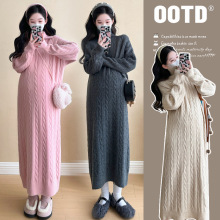 孕妇装秋冬麻花毛衣连衣裙半高领拉链翻领直筒针织孕期连衣裙