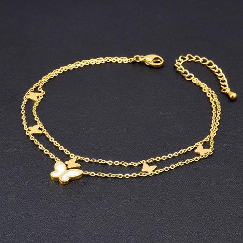  new Korean version double-layer butterfly anklet shell anklet titanium steel furnace color-preserving electroplating 18k gold women's anklet