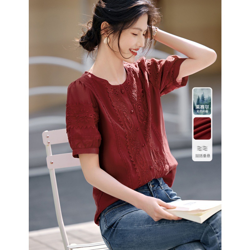 Foreign Trade Literary Retro Elegant Lace Embroidered Puff Sleeve Shirt 2024 Summer New Round Neck Short Sleeve Shirt