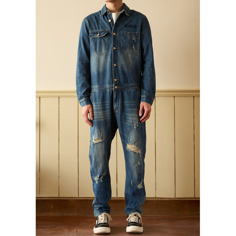 American Retro Denim Jumpsuit Men's Trendy Hip-Hop Workwear One-Piece Jumpsuit Men's Denim Long-Sleeved Suit
