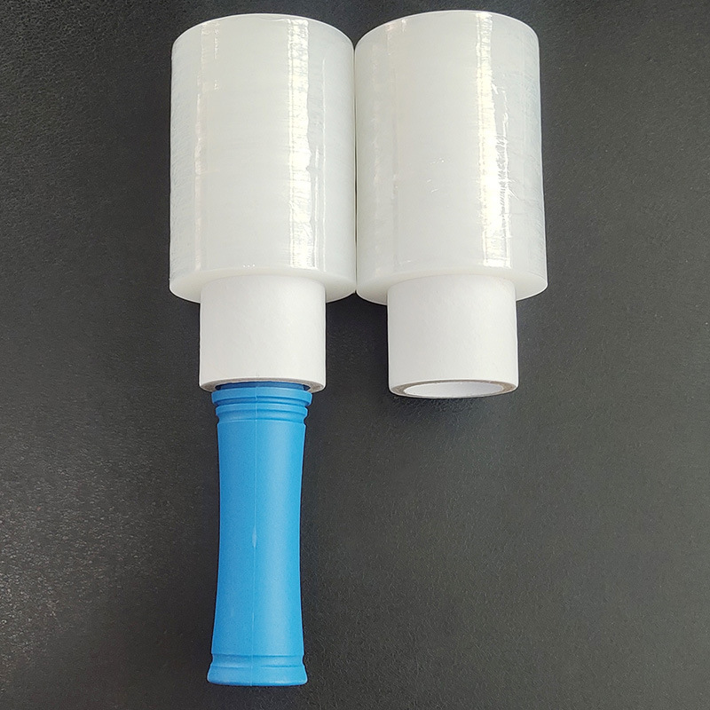 Transparent self-adhesive mini stretch wrap film with PE handle, manufacturer, small roll plastic handle stretch wrap film