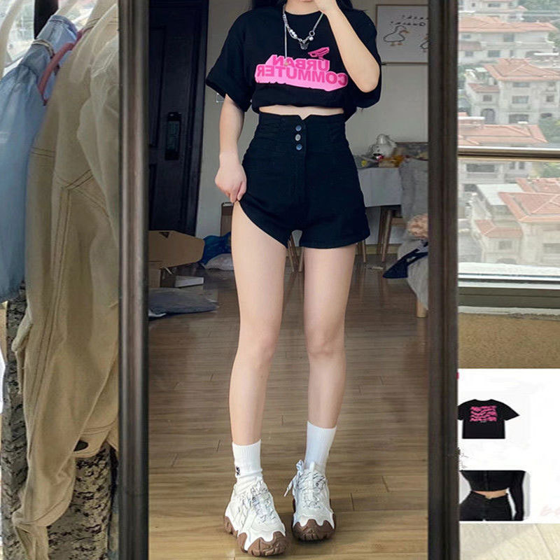 Single-breasted Super-high Waist Belly Denim Shorts Women's Stretch A- shaped Straight Ins Style Wide-leg Hot Pants for Hot Girls Summer