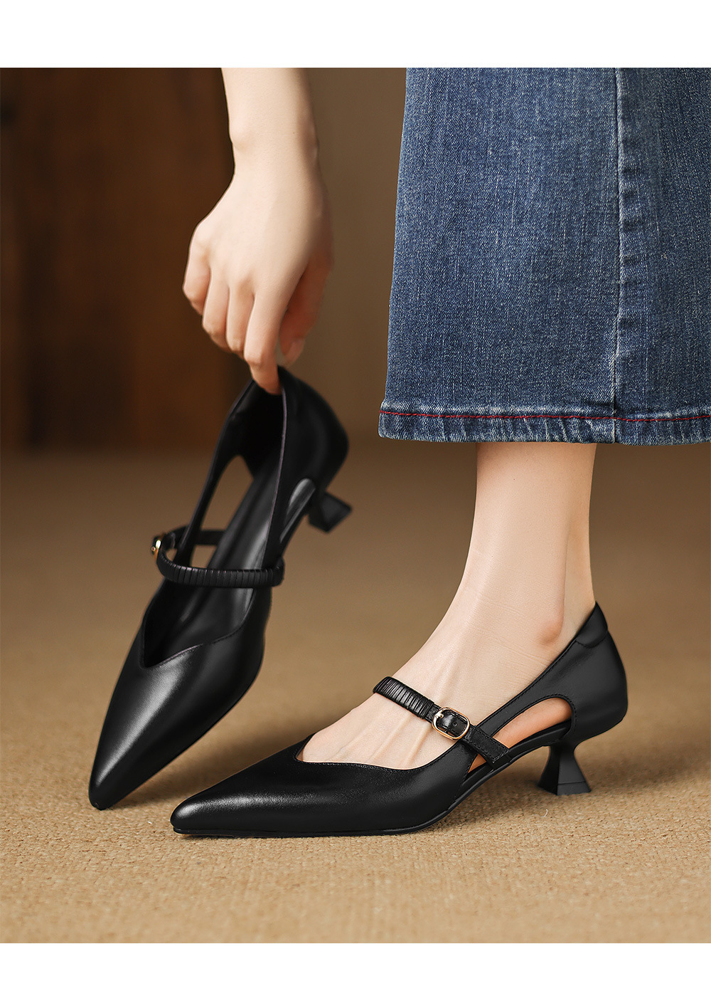 Sandal cao gót nữ bít mũi hở gót 5,5 cm mũi nhọn phong cách Hàn Quốc — Màu đen chi tiết 15
