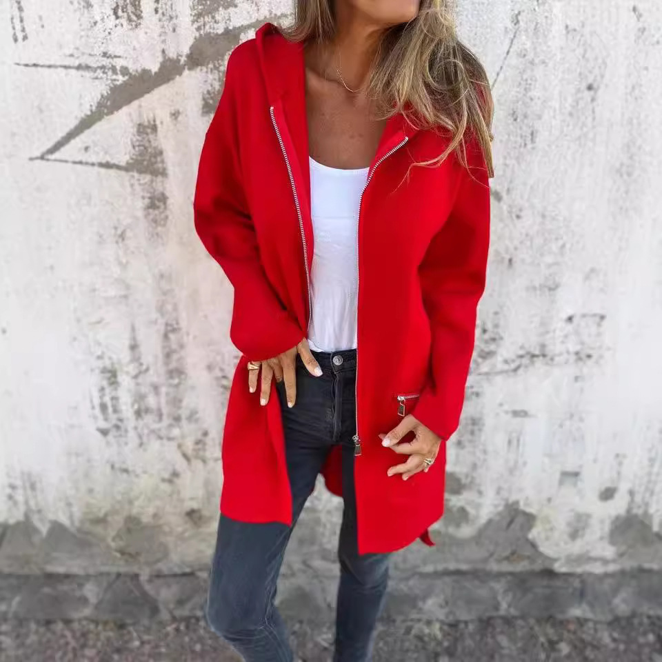 Women’s Solid Color Zip-Up Hooded Jacket – Lightweight Casual Outerwear For Autumn & Winter (Black/Grey/Rose Red/Khaki/Red, S-XXXL)_voghion.com