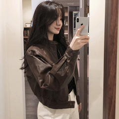 2025秋冬法式帅气做旧翻领拉链宽松百搭BF风机车服PU皮衣短外套女