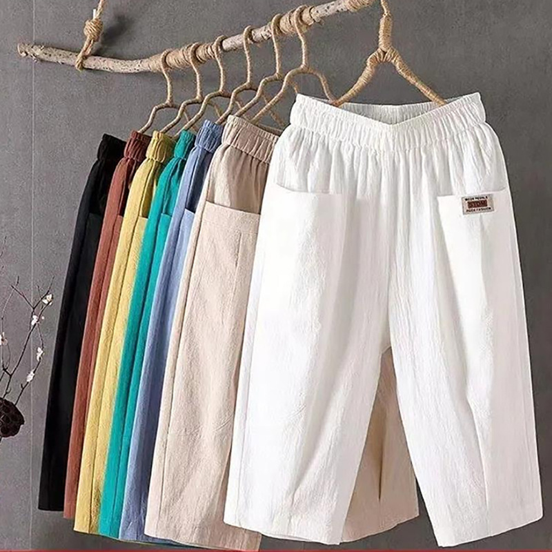 Cotton and Linen Capri Pants Women's Summer Loose plus size Comfortable Breathable Loose Waist Small Feet Haren Pants All-match Casual Pants