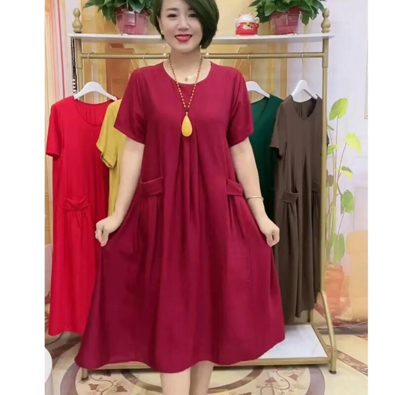 Summer New Style for Middle-Aged Moms, Plus Size, Fashionable, Casual, Versatile, Age-Reducing, Solid Color, Large Pocket Dress