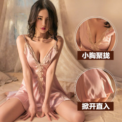 Summer thin sexy lingerie, sexy pajamas, lace dress, ice silk suspender skirt, tempting women's home nightgown A35
