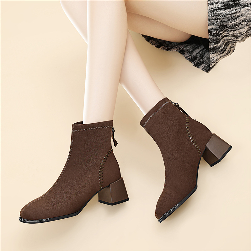 2025 Fall/Winter New Black Fleece-Lined Chunky Heel Ankle Boots Suede Slim Boots Square Toe High Heel Chelsea Boots Cotton Shoes_vogvips.com