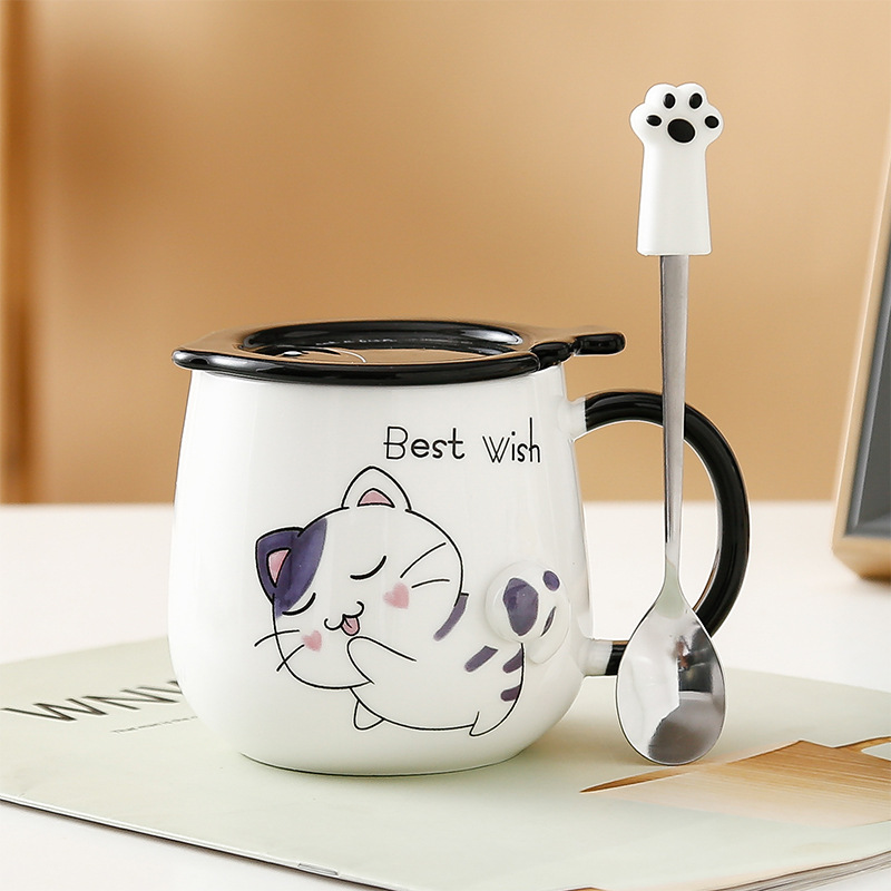 Taza de gato Mark con tapa Cuchara Taza de agua de cerámica Taza de pareja de dibujos animados de cerámica para hombres y mujeres Taza de desayuno de café de oficina