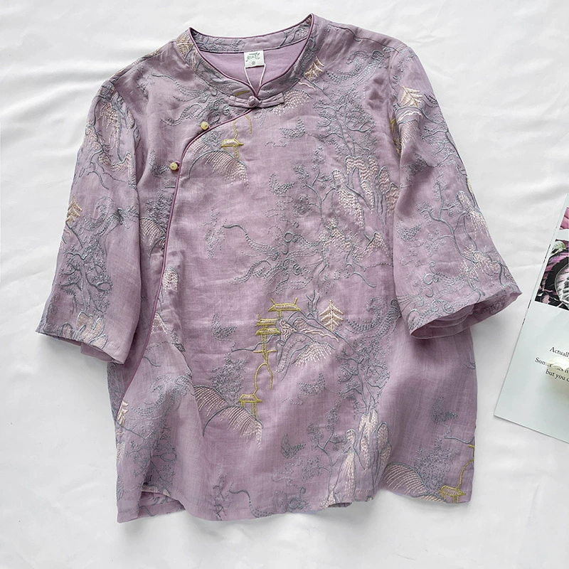 Летняя новинка 2025 года: ретро-рубашка в китайском стиле, улучшенная литературная вышивка, свободный крой, воротник стойка, короткий рукав, топ