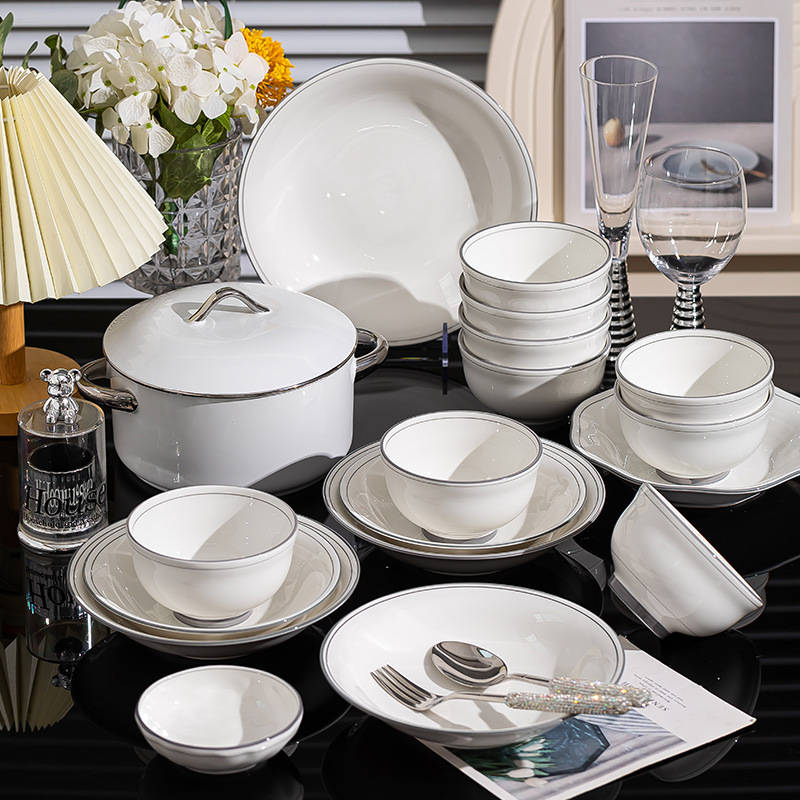 High-Value Underglaze Color Rice Bowl Gradient Gray Light Luxury Rice Bowl Noodle Bowl Full Set Dish Plate Housewarming Ceramic Bowls and Plates