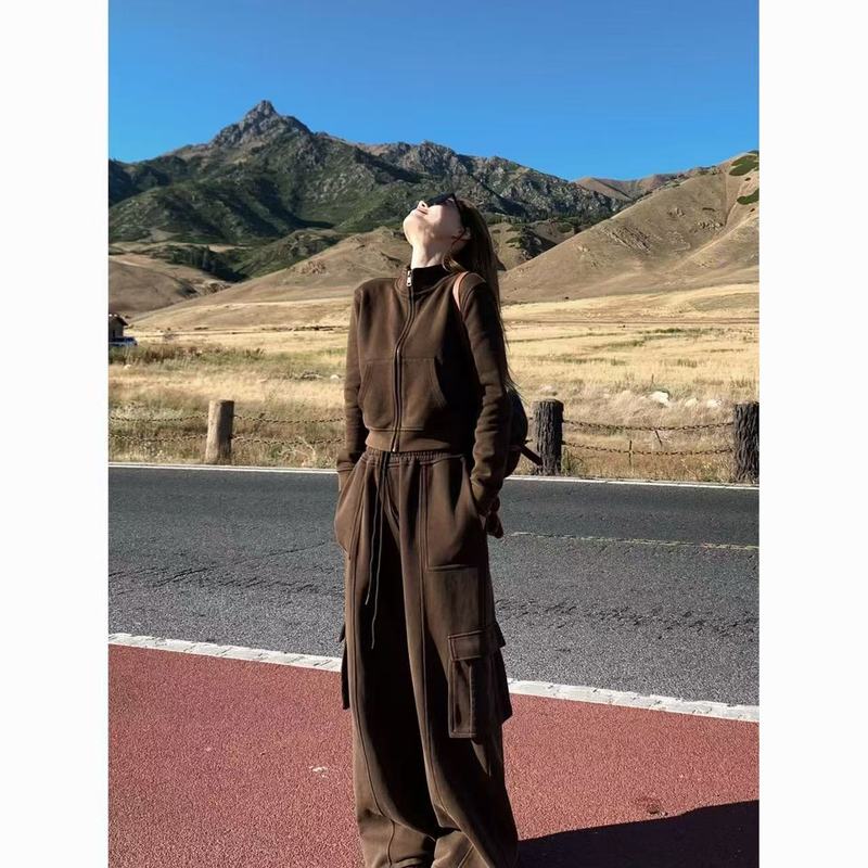 美式辣妹休闲运动套装女秋季时尚高级感工装卫衣阔腿裤宽松两件套|undefined
