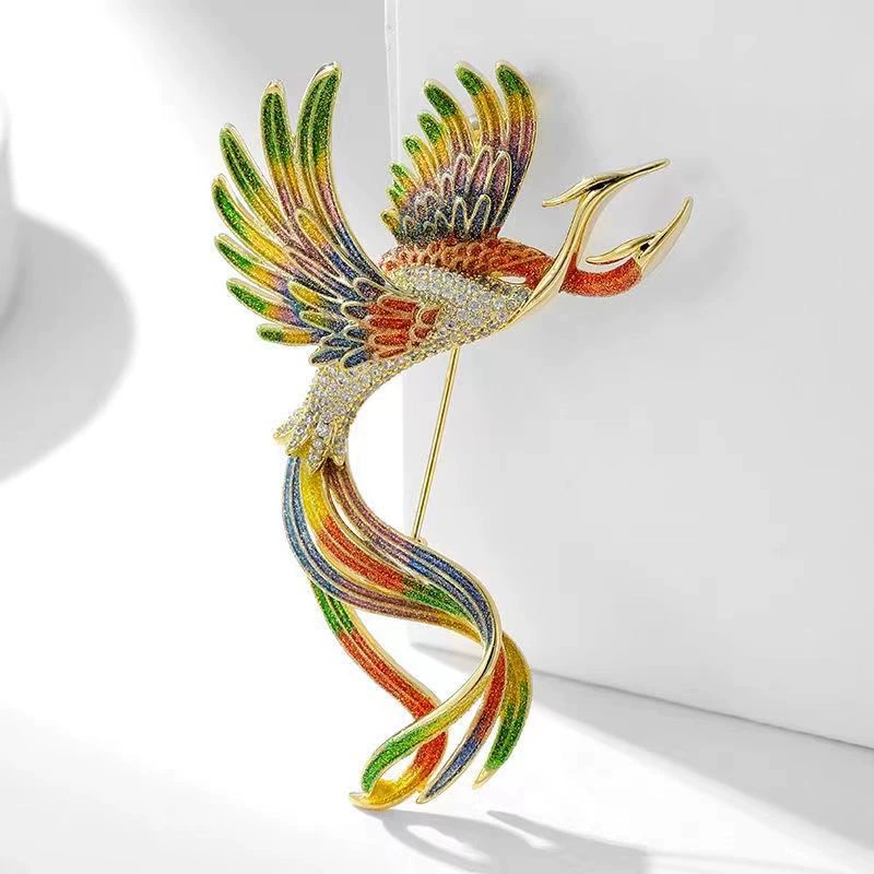 Phoenix metal brooch pin, enamel accents, gold-tone alloy, 5.76×4.48 cm, multicolor options