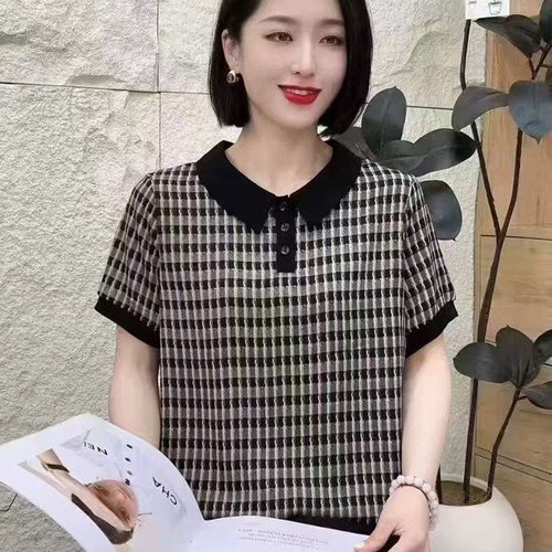 2025 Summer Trendy Stylish Versatile Charming Collar Grid Slim Fit Short Sleeve Top