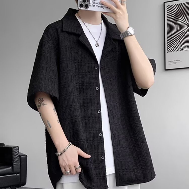 Summer Jacquard Ice Silk Heavyweight Cuban Collar Short Sleeve Shirt Men's Fashionable Versatile Clothing_viptrois.com