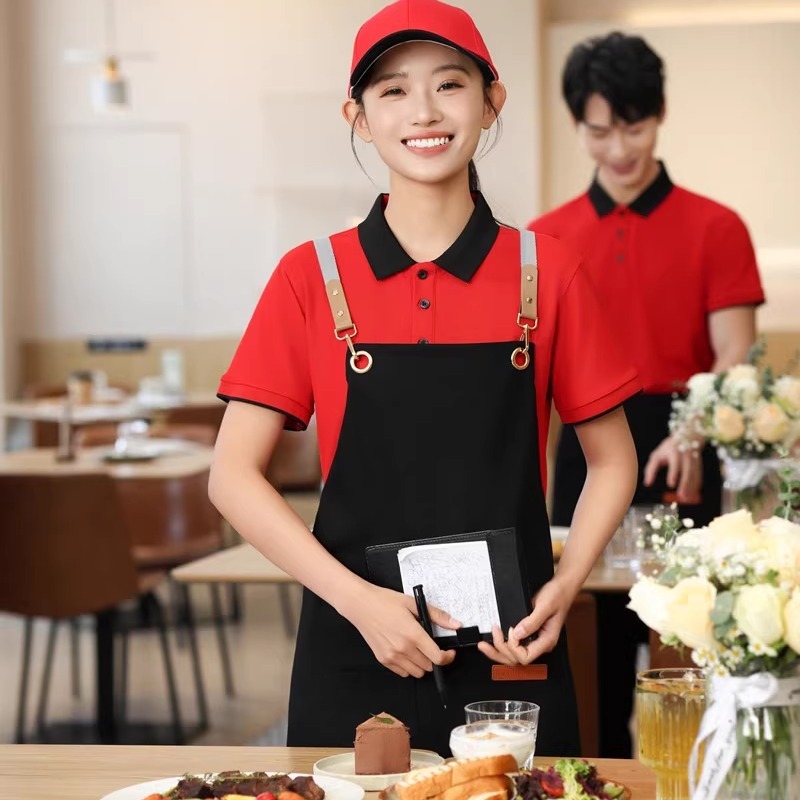 ファーストフードのバーベキュー店の夏の作業服の半袖の印字のミルクティー店の喫茶店のホテルの従業員の薄いタイプの襟のtシャツ|undefined