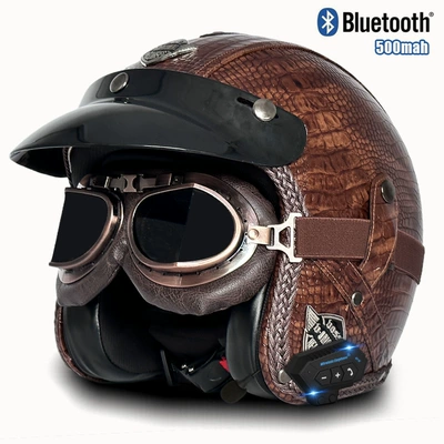 retro helmet men's and women's – Motosiklet kaskı (dəbilqə) - v-brown-crocodile-bronze-mirror-bluetooth-s