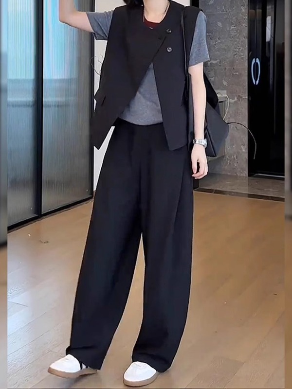 黑色阔腿休闲裤女秋新款大码梨形身材小个子宽松显瘦直筒镰刀裤|undefined